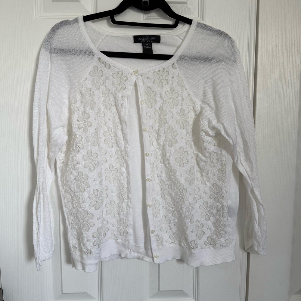 August Silk White Cotton Modal Floral Lace Button Cardigan Crewneck Size XL EUC - Picture 4 of 10